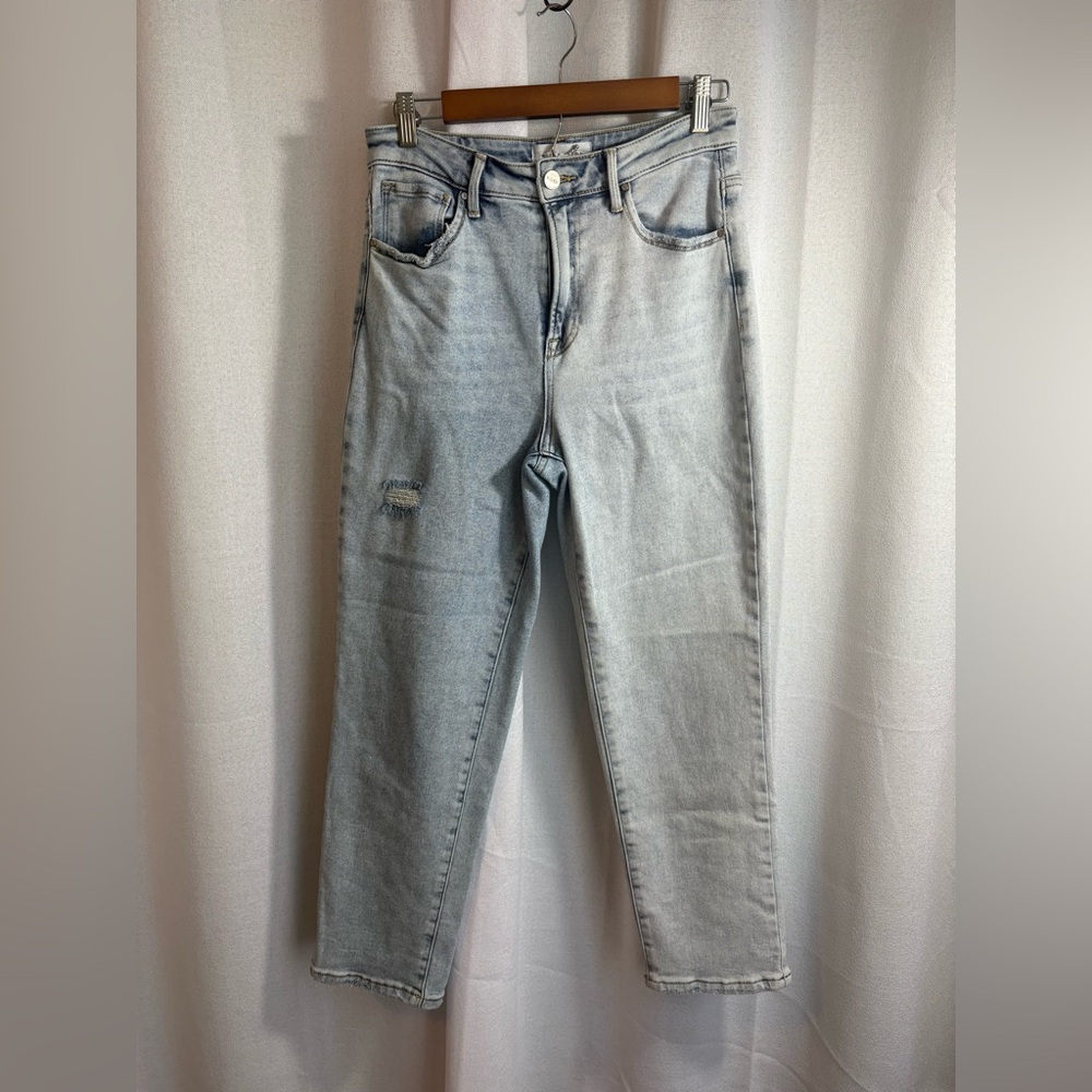 Risen High Rise Distresed Crop Straight Denim Jeans Light Wash Size 7/28 0437